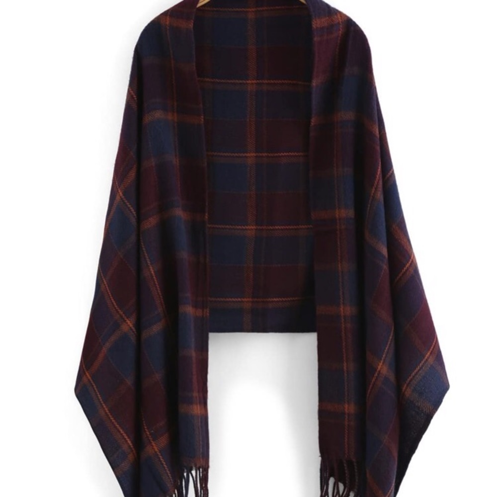 🔆 Navy purple red plaid tassel scarf